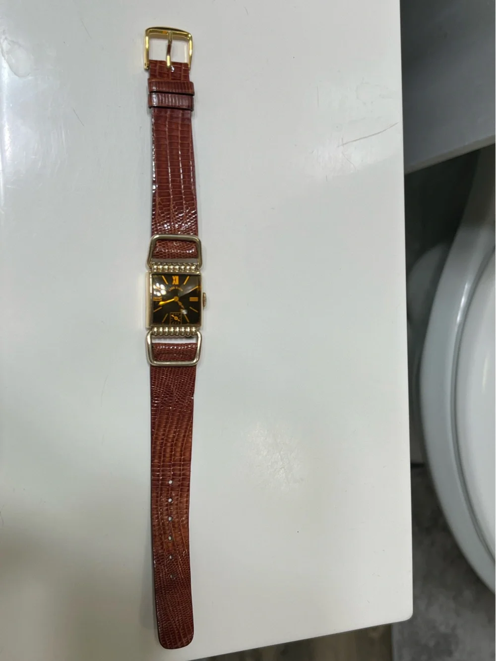 Lord Elgin Black and Gold Watch with Brown Leather Strap
